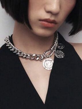 Silver Coin Charm Chunky Chain Necklace